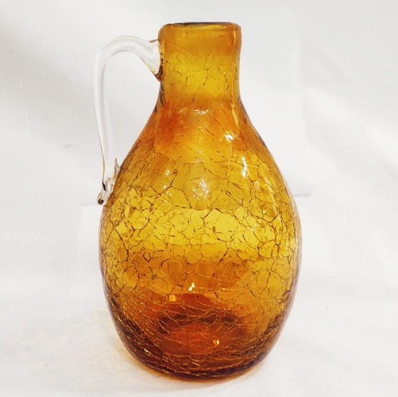 Vintage Mid-Century Modern Pilgrim Amber Crackle Glass Pitcher and Vase - Picture 2 of 14